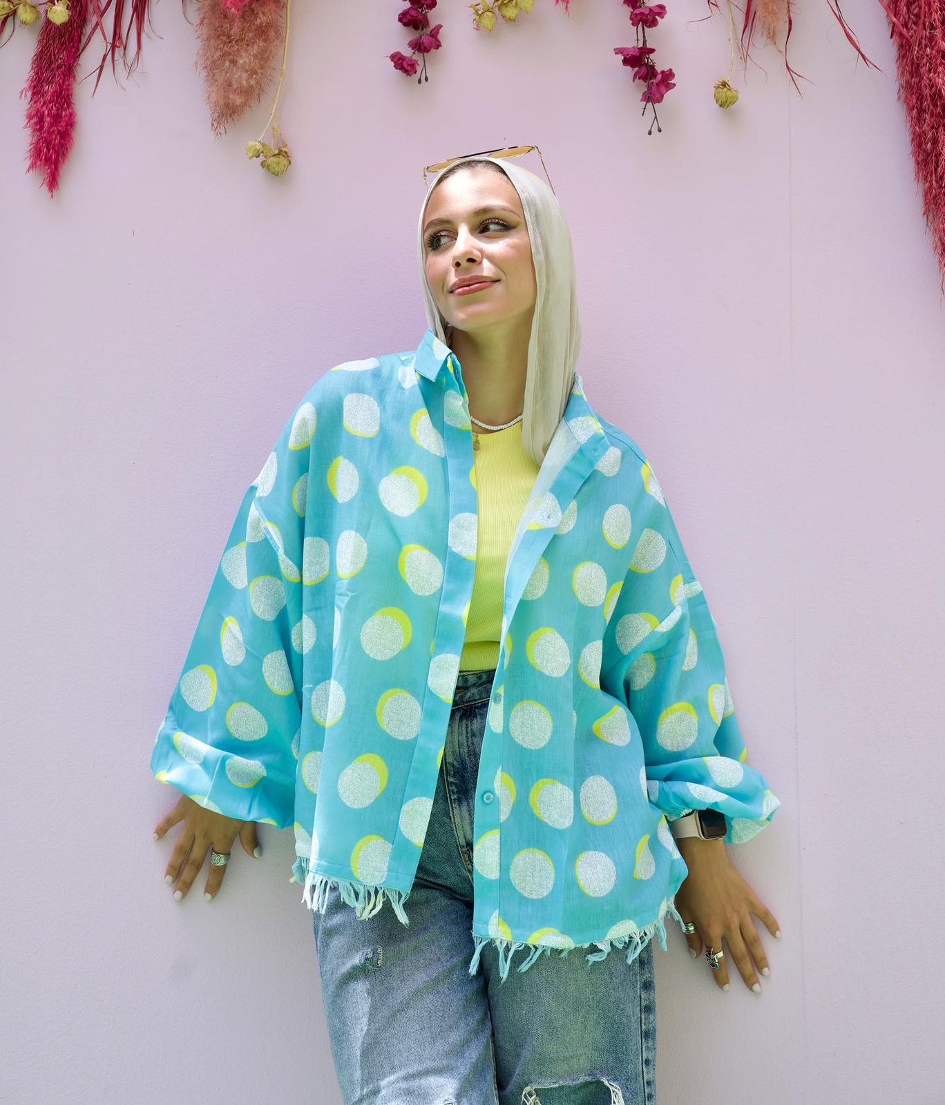 Linen Fringes Shirt - Polka Dots Aqua