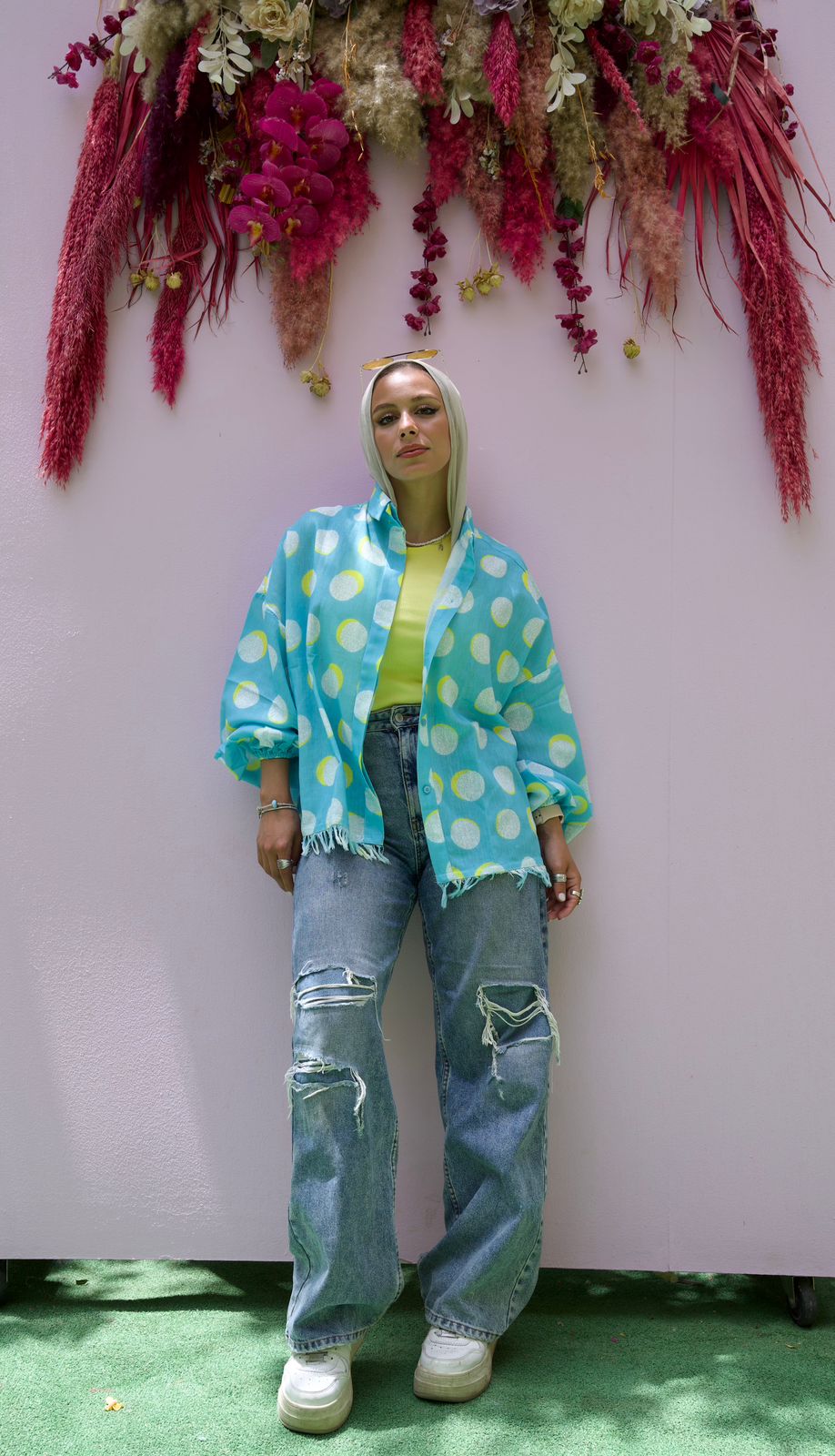 Linen Fringes Shirt - Polka Dots Aqua